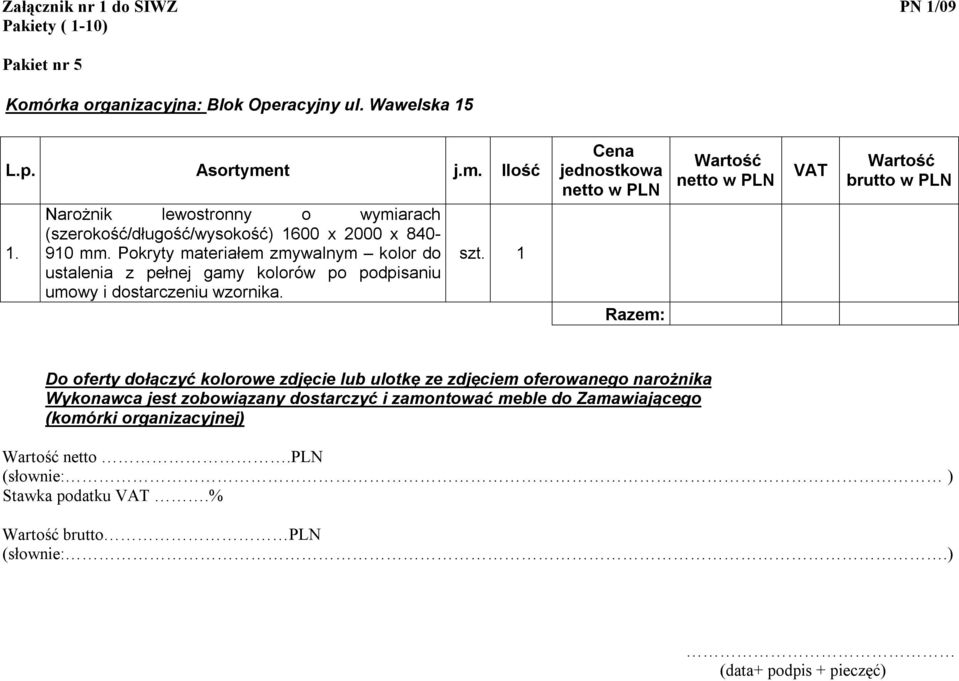 1 Cena jednostkowa netto w PLN Razem: netto w PLN VAT brutto w PLN Do oferty dołączyć kolorowe zdjęcie lub ulotkę ze zdjęciem oferowanego narożnika Wykonawca jest