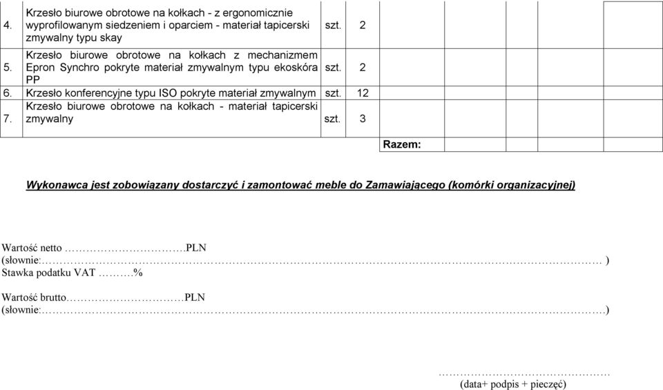 Krzesło konferencyjne typu ISO pokryte materiał zmywalnym szt. 12 Krzesło biurowe obrotowe na kołkach - materiał tapicerski 7. zmywalny szt.