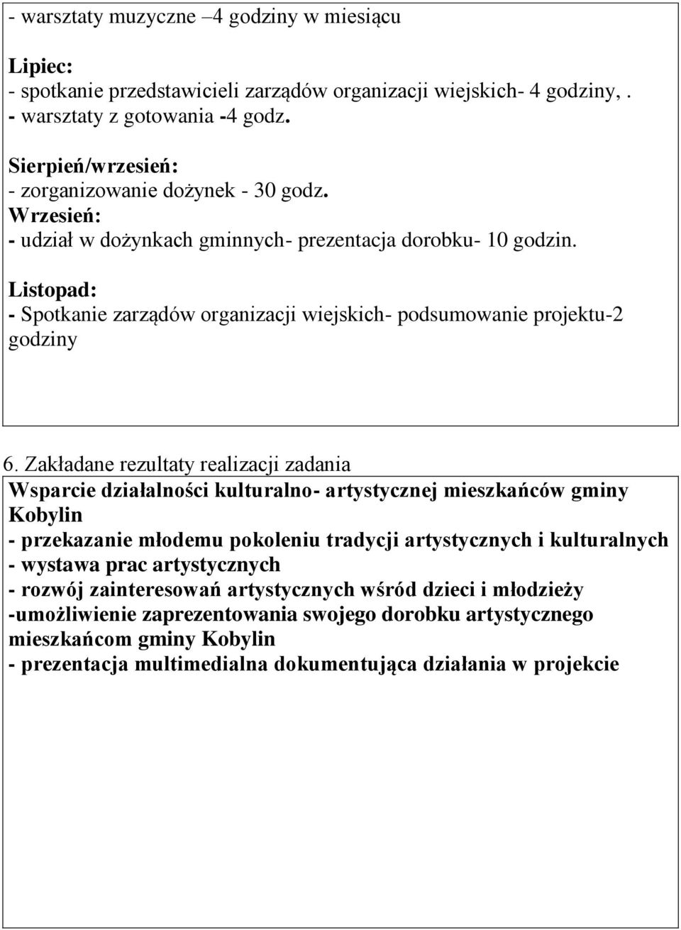 Listopad: - Spotkanie zarządów organizacji wiejskich- podsumowanie projektu-2 godziny 6.