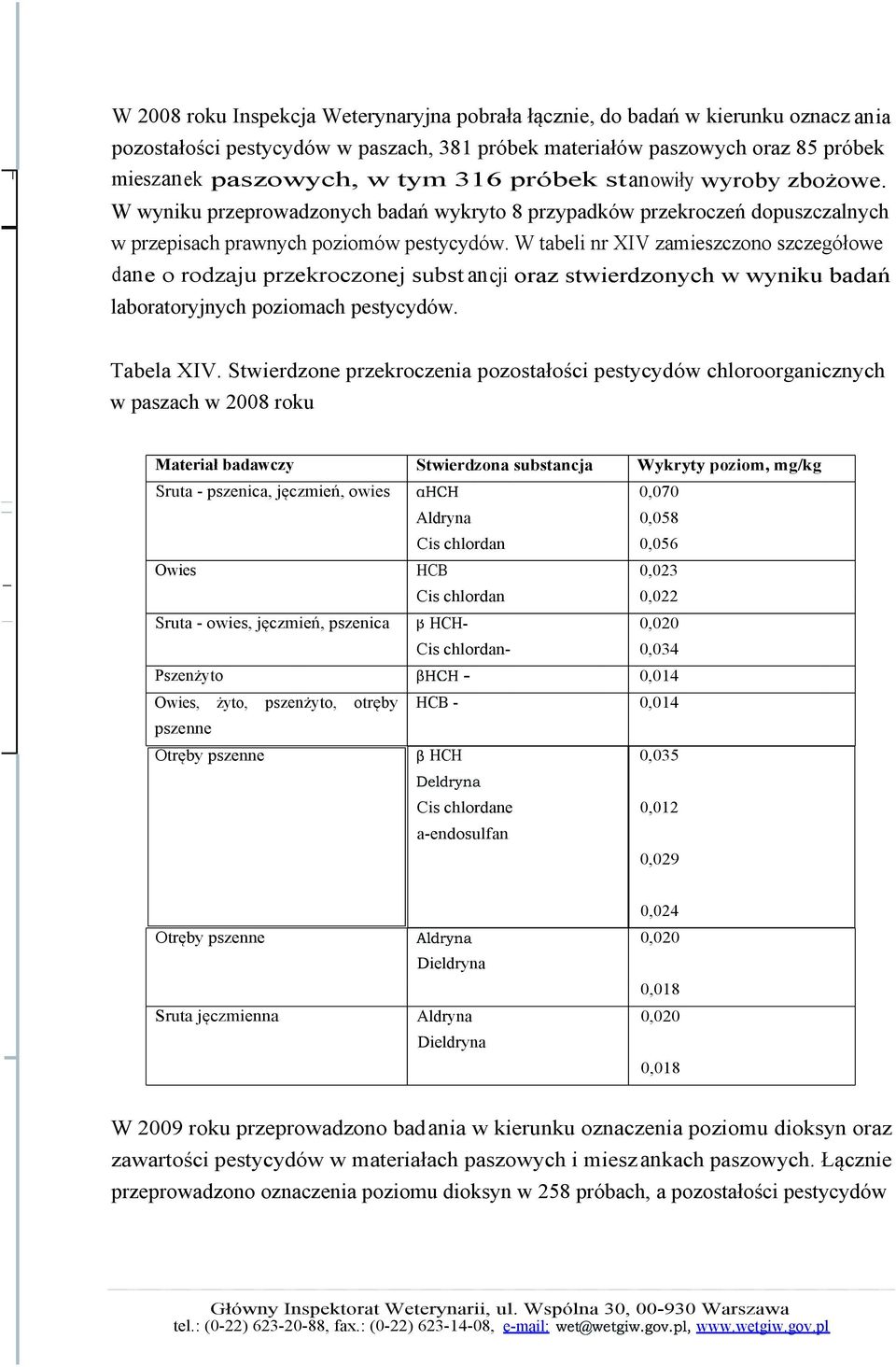 W tabeli nr XIV zamieszczono szczegółowe dane o rodzaju przekroczonej subst ancji oraz stwierdzonych w wyniku badań laboratoryjnych poziomach pestycydów. Tabela XIV.