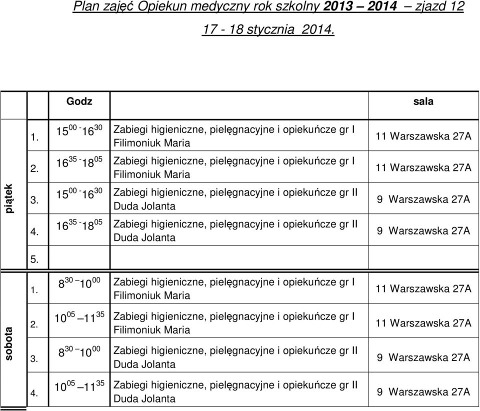 15 00-16 30 Zabiegi higieniczne, pielęgnacyjne i opiekuńcze gr II 16 35-18 05 Zabiegi higieniczne, pielęgnacyjne i opiekuńcze gr II 5. 1. 8 30 10 00 Zabiegi higieniczne, pielęgnacyjne i opiekuńcze gr I 2.