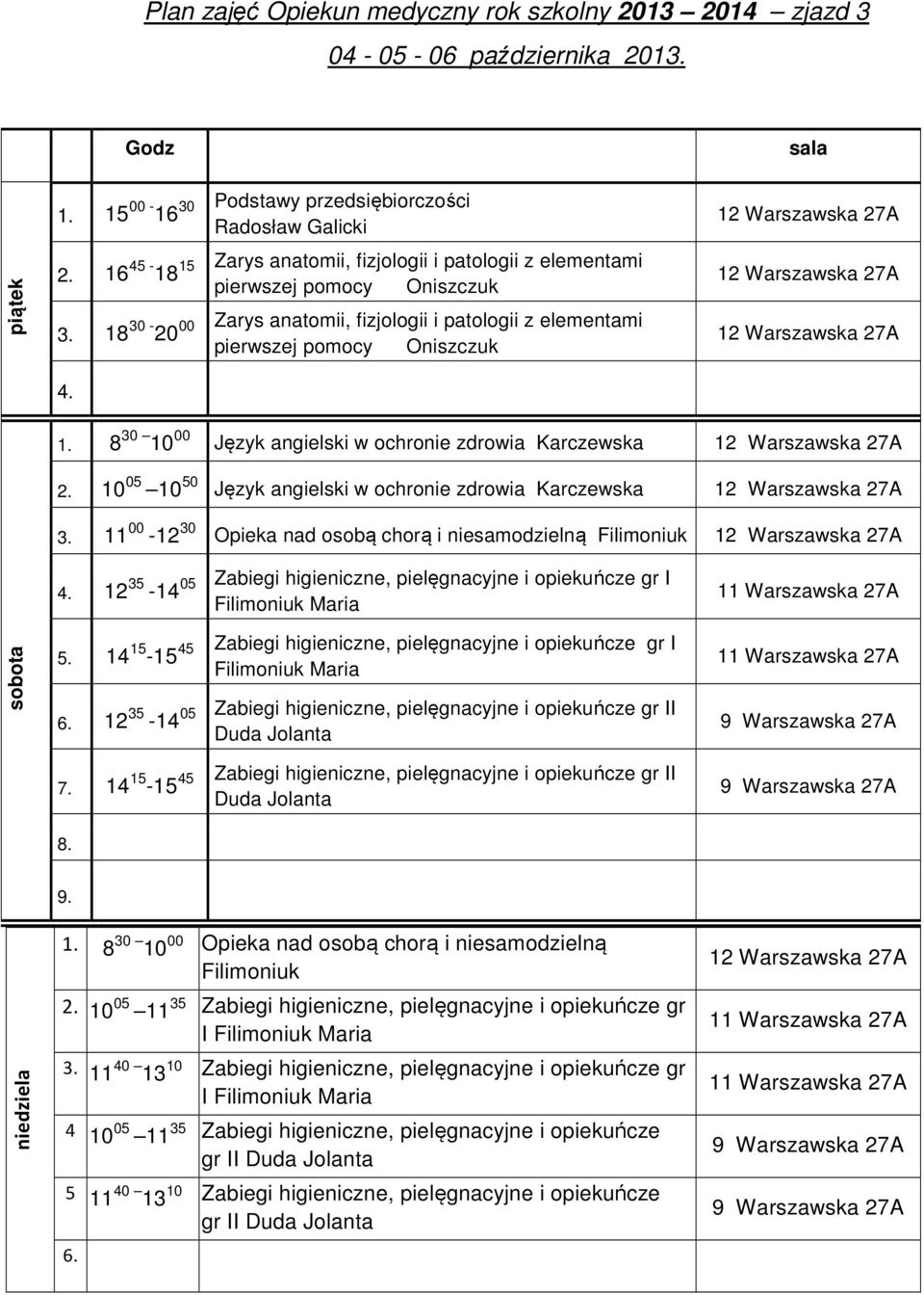 14 15-15 45 Zabiegi higieniczne, pielęgnacyjne i opiekuńcze gr I 6. 12 35-14 05 Zabiegi higieniczne, pielęgnacyjne i opiekuńcze gr II 7.