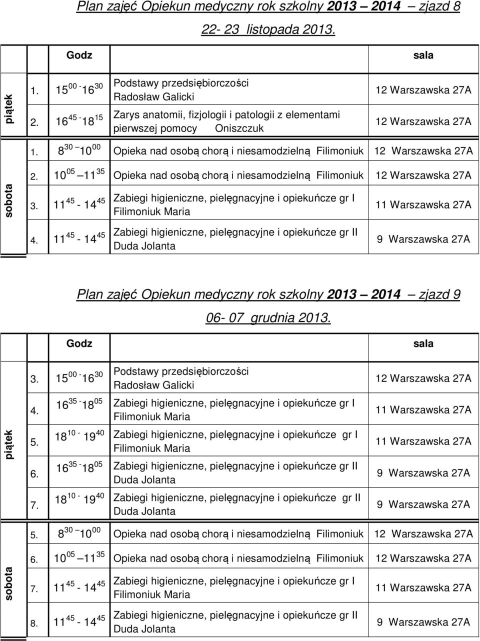 11 45-14 45 Zabiegi higieniczne, pielęgnacyjne i opiekuńcze gr I 11 45-14 45 Zabiegi higieniczne, pielęgnacyjne i opiekuńcze gr II Plan zajęć Opiekun medyczny rok szkolny 2013 2014 zjazd 9 06-07