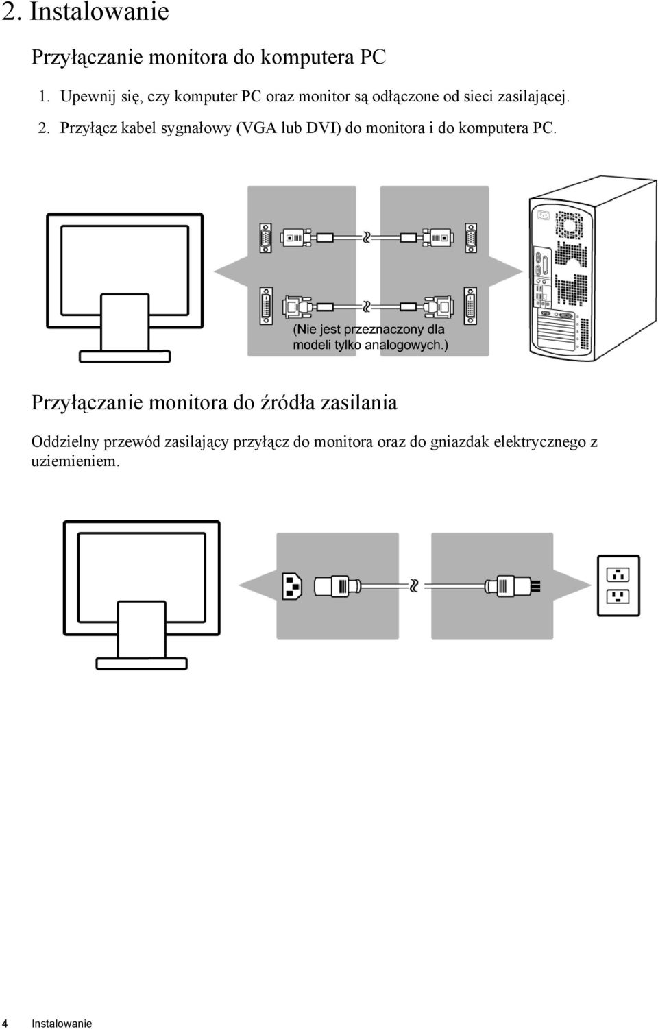 Przyłącz kabel sygnałowy (VGA lub DVI) do monitora i do komputera PC.