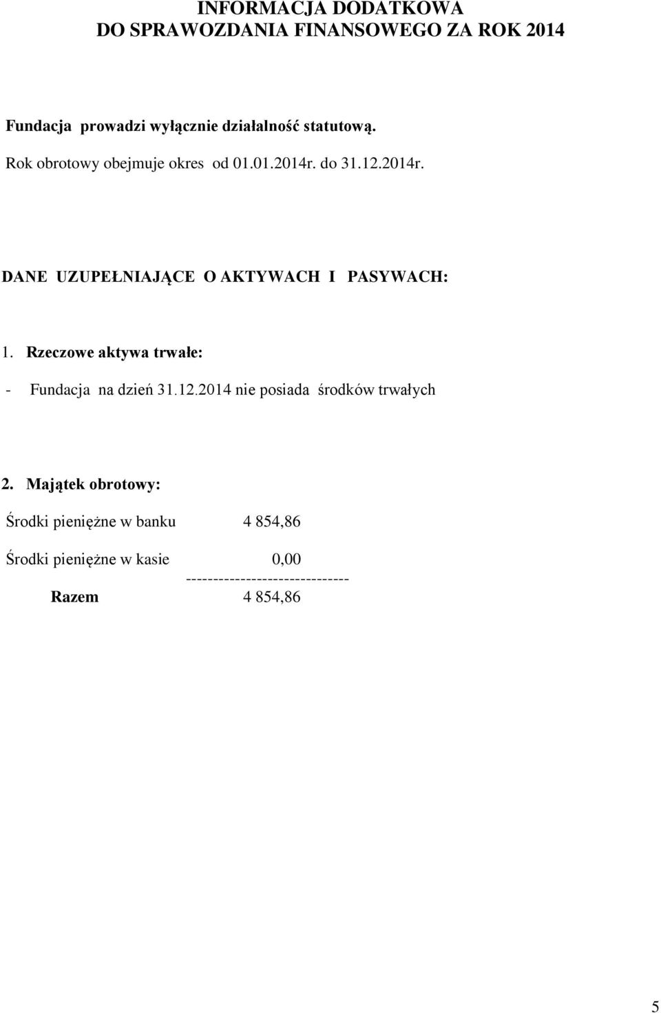 Rzeczowe aktywa trwałe: - Fundacja na dzień 31.12.2014 nie posiada środków trwałych 2.