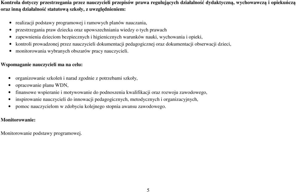 opieki, kontroli prowadzonej przez nauczycieli dokumentacji pedagogicznej oraz dokumentacji obserwacji dzieci, monitorowania wybranych obszarów pracy nauczycieli.