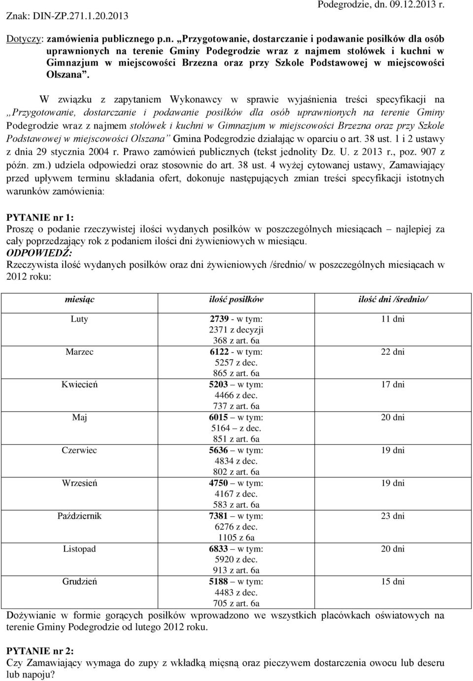 W związku z zapytaniem Wykonawcy w sprawie wyjaśnienia treści specyfikacji na Przygotowanie, dostarczanie i podawanie posiłków dla osób uprawnionych na terenie Gminy Podegrodzie wraz z najmem
