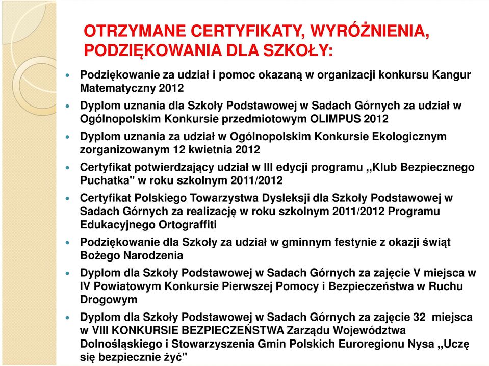 w III edycji programu,,klub Bezpiecznego Puchatka" w roku szkolnym 2011/2012 Certyfikat Polskiego Towarzystwa Dysleksji dla Szkoły Podstawowej w Sadach Górnych za realizację w roku szkolnym 2011/2012