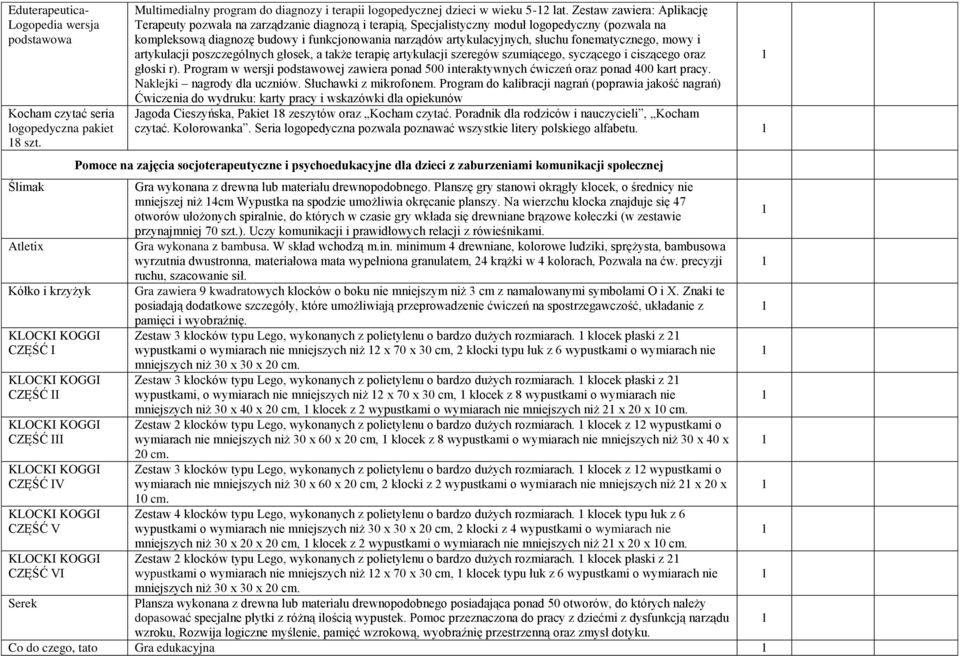 Zestaw zawiera: Aplikację Terapeuty pozwala na zarządzanie diagnozą i terapią, Specjalistyczny moduł logopedyczny (pozwala na kompleksową diagnozę budowy i funkcjonowania narządów artykulacyjnych,