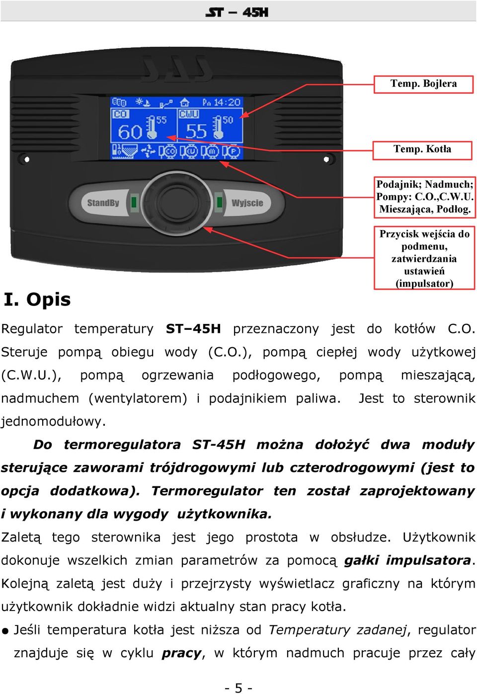 ), pompą ogrzewania podłogowego, pompą nadmuchem (wentylatorem) i podajnikiem paliwa. mieszającą, Jest to sterownik jednomodułowy.