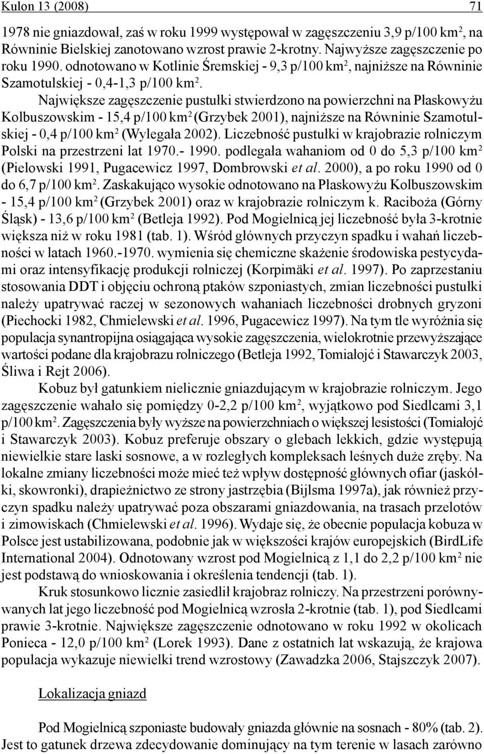 Największe zagęszczenie pustułki stwierdzono na powierzchni na Płaskowyżu Kolbuszowskim - 15,4 p/100 km 2 (Grzybek 2001), najniższe na Równinie Szamotulskiej - 0,4 p/100 km 2 (Wylegała 2002).