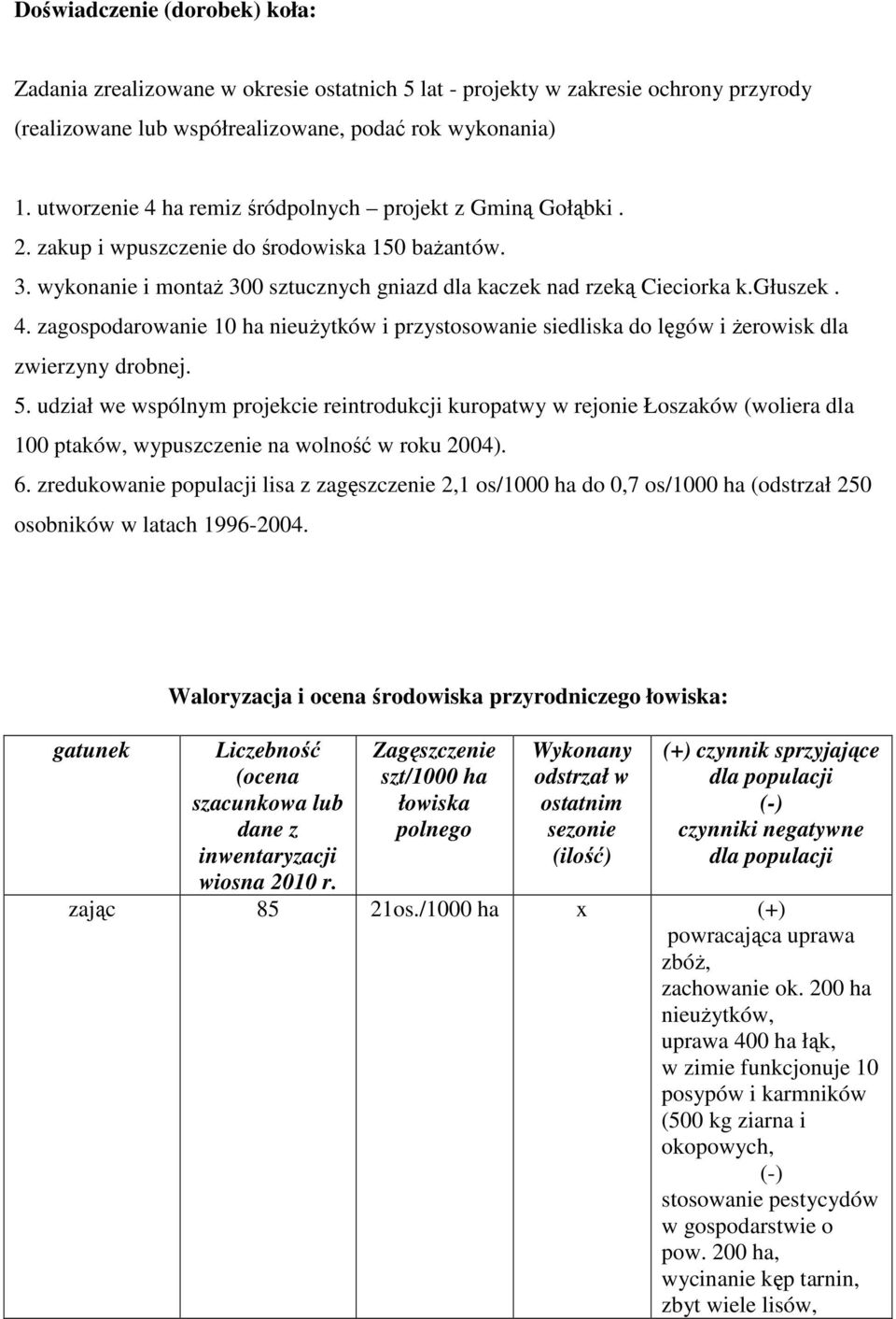 5. udział we wspólnym projekcie reintrodukcji kuropatwy w rejonie Łoszaków (woliera dla 100 ptaków, wypuszczenie na wolność w roku 2004). 6.