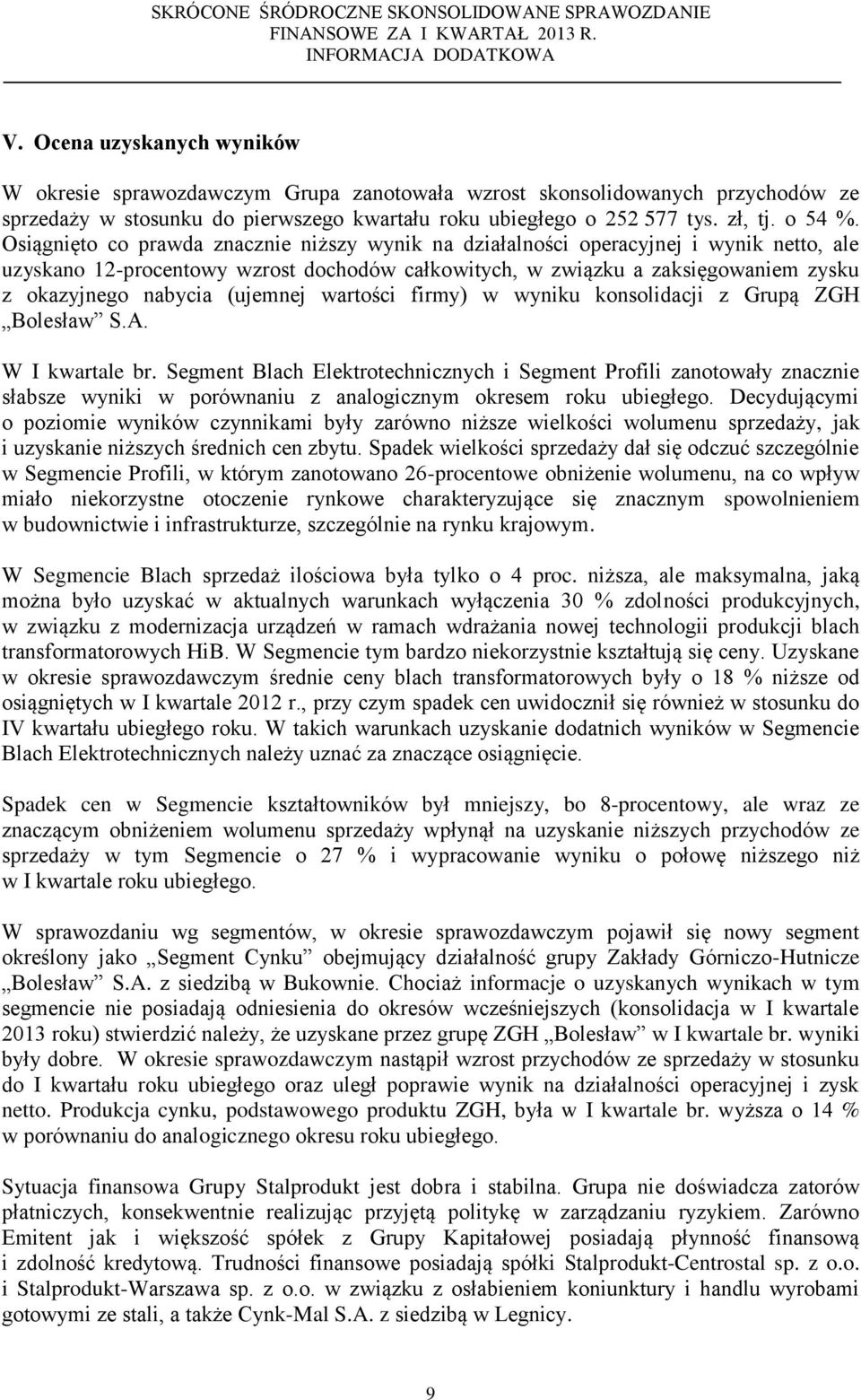 (ujemnej wartości firmy) w wyniku konsolidacji z Grupą ZGH Bolesław S.A. W I kwartale br.