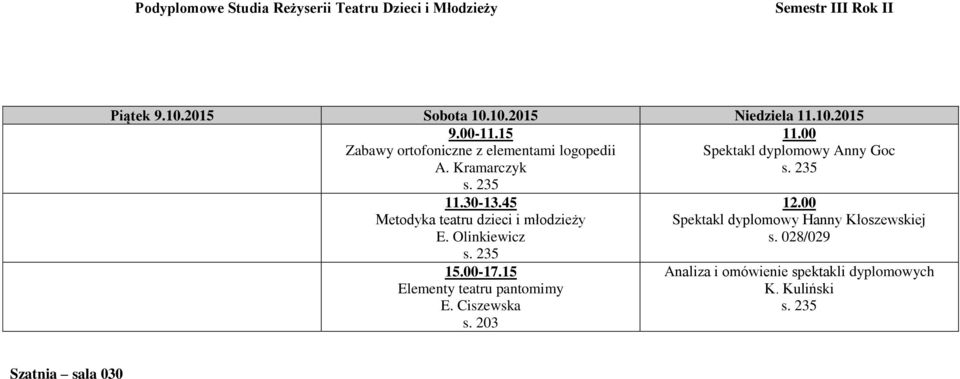 45 Metodyka teatru dzieci i młodzieży 15.00-17.15 Elementy teatru pantomimy E. Ciszewska s.