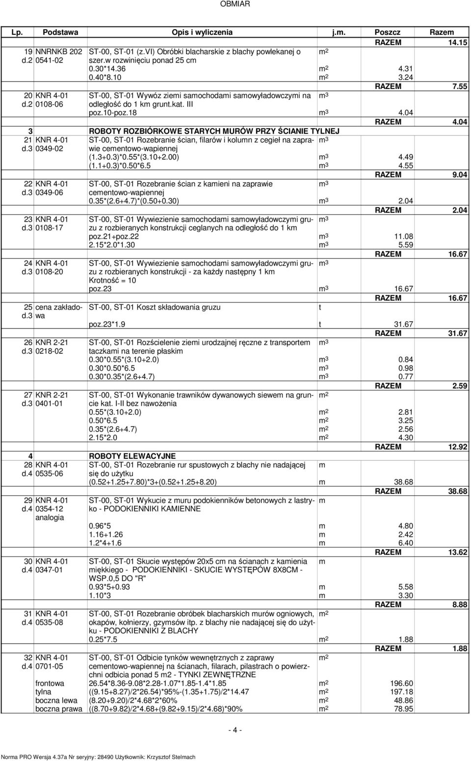 04 3 ROBOTY ROZBIÓRKOWE STARYCH MURÓW PRZY ŚCIANIE TYLNEJ 21 KNR 4-01 ST-00, ST-01 Rozebranie ścian, filarów i kolun z cegieł na zaprawie d.3 0349-02 ceentowo-wapiennej (1.3+0.3)*0.55*(3.10+2.00) 4.