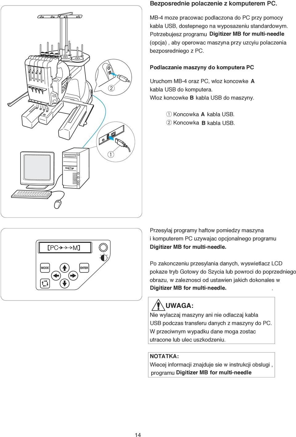 Wloz koncok B kabla USB do maszyny. Koncoka A kabla USB. Koncoka B kabla USB. PC M Pzsylaj pogamy hafo pomidzy maszyna i kompum PC uzyajac opcjonalngo pogamu Digiiz MB fo muli-ndl.