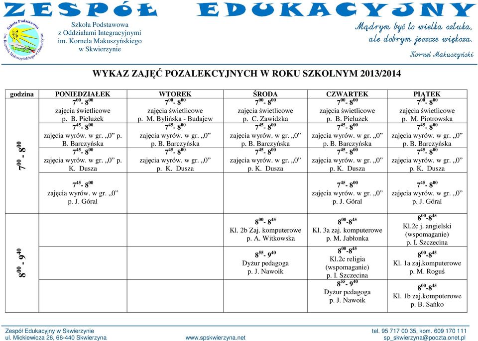 2b Zaj. komputerowe 8 55-9 40 Dyżur pedagoga Kl. 3a zaj. komputerowe Kl.2c religia p. I. Szczecina 8 55-9 40 Dyżur pedagoga Kl.2c j.