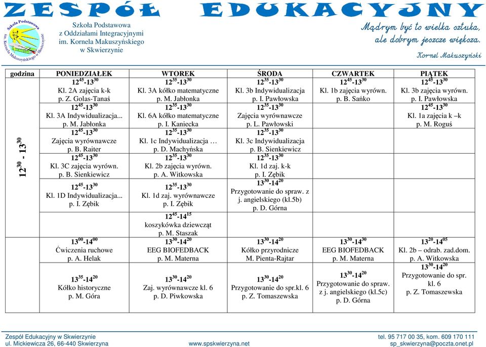 wyrównawcze 12 45-14 15 koszykówka dziewcząt Zaj. wyrównawcze kl. 6 p. D. Piwkowska p. L. Pawłowski Kl. 3c Indywidualizacja Kl. 1d zaj. k-k Przygotowanie do spraw. z j. angielskiego (kl.5b) M.