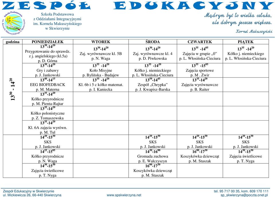 Bylińska - Budajew Kl. 6b i 5 c kółko matemat. Kółko j. niemieckiego p. L. Włosińska-Cieciura 13 50-14 45 Zespół Chrypka p. J. Kwapisz-Barska 14 30-16 00 Gromada zuchowa p. E.