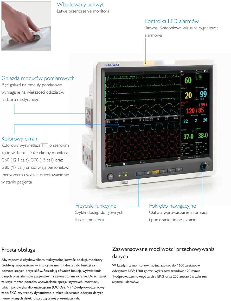 Duże ekrany monitora G60 (12,1 cala), G70 (15 cali) oraz G80 (17 cali) umożliwiają personelowi medycznemu szybkie orientowanie się w stanie pacjenta Przyciski funkcyjne Szybki dostęp do głównych