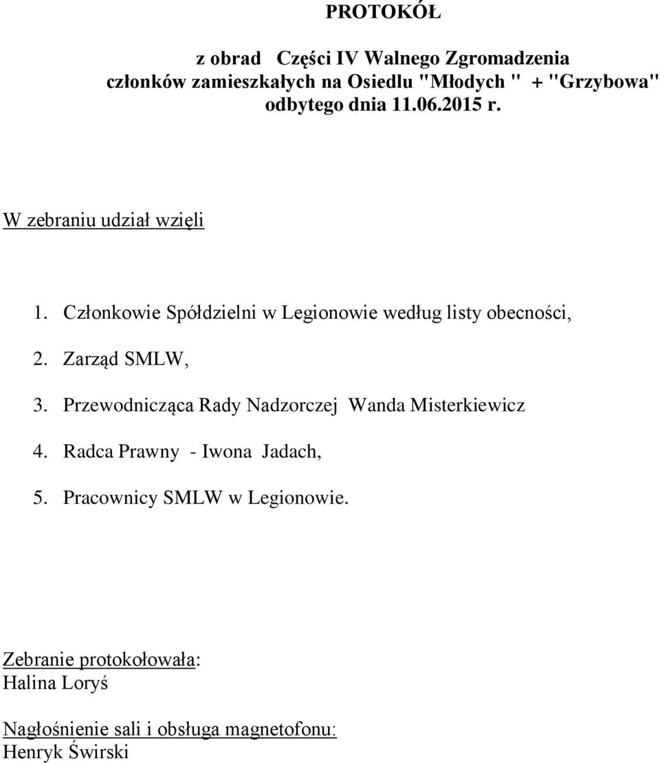 Członkowie Spółdzielni w Legionowie według listy obecności, 2. Zarząd SMLW, 3.