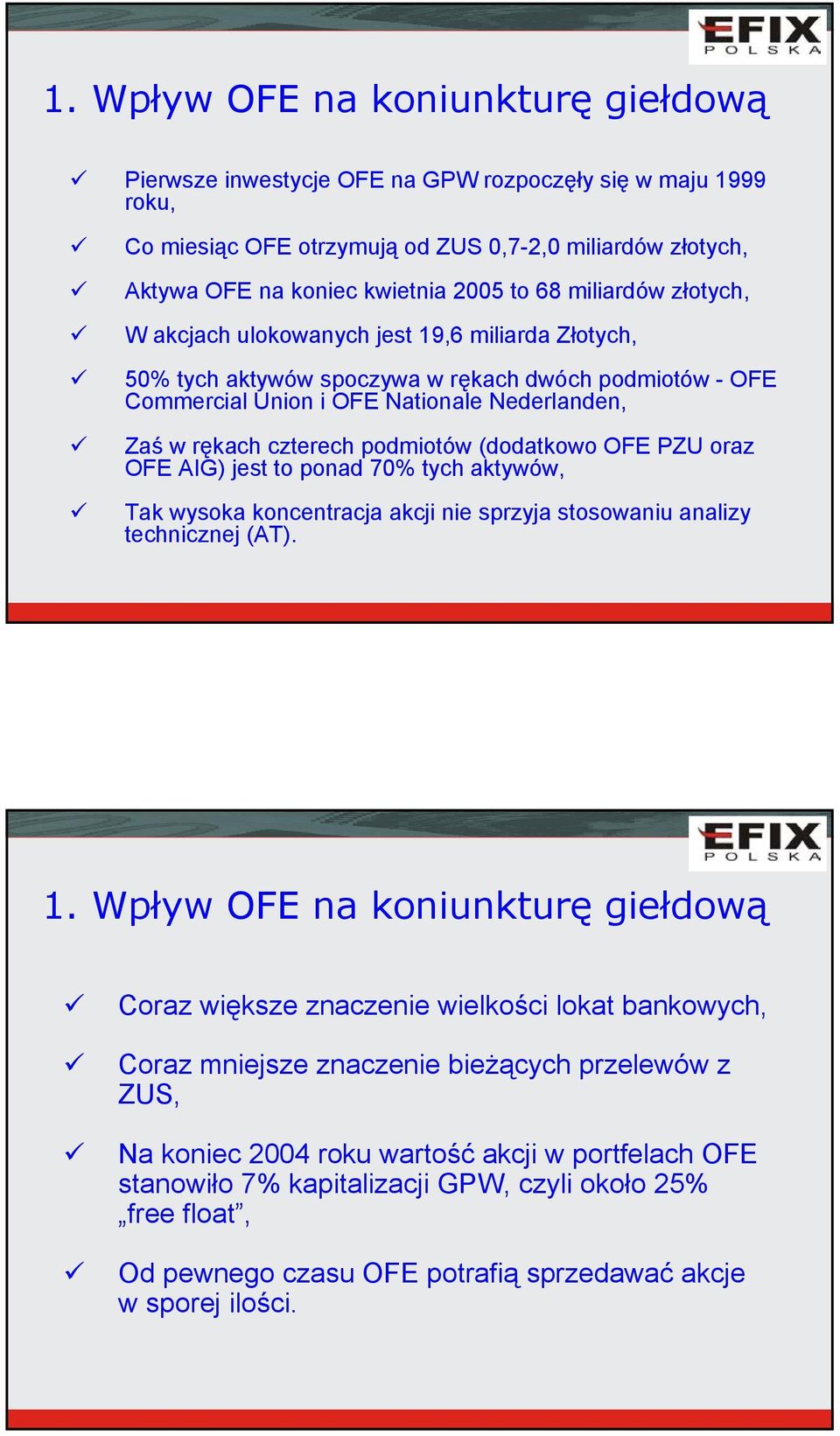 podmiotów (dodatkowo OFE PZU oraz OFE AIG) jest to ponad 70% tych aktywów, Tak wysoka koncentracja akcji nie sprzyja stosowaniu analizy technicznej (AT). 1.