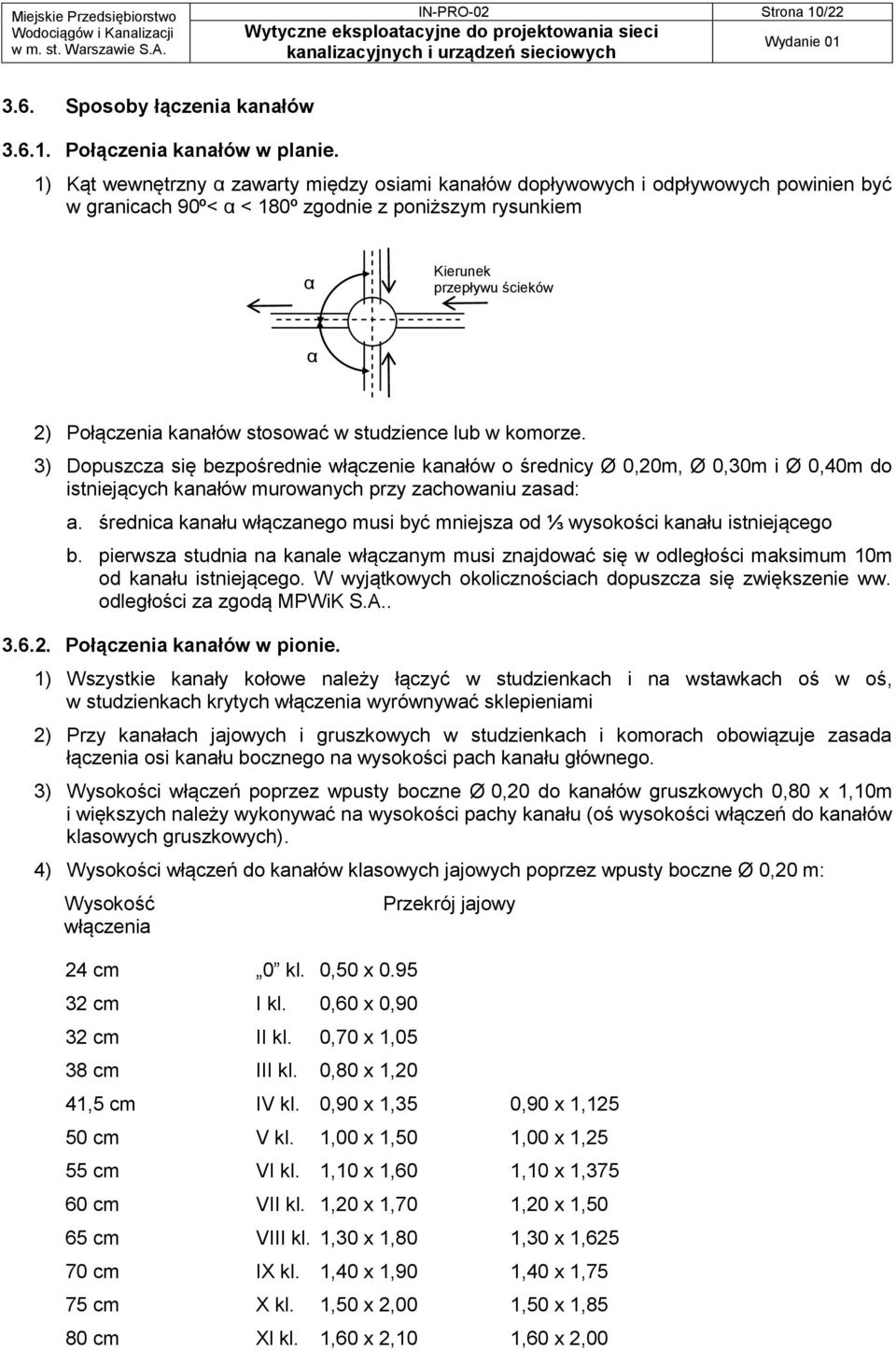 stosować w studzience lub w komorze. 3) Dopuszcza się bezpośrednie włączenie kanałów o średnicy Ø 0,20m, Ø 0,30m i Ø 0,40m do istniejących kanałów murowanych przy zachowaniu zasad: a.