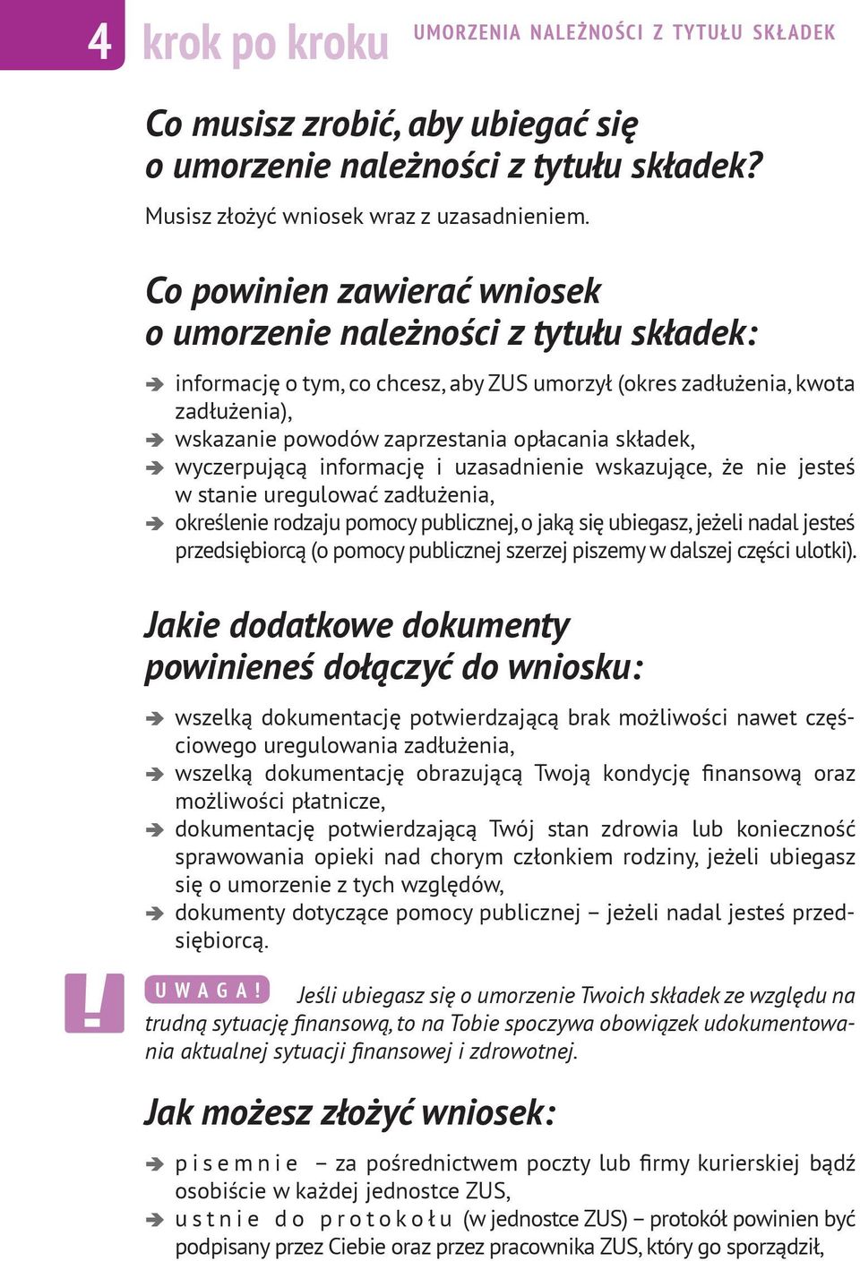 składek, wyczerpującą informację i uzasadnienie wskazujące, że nie jesteś w stanie uregulować zadłużenia, określenie rodzaju pomocy publicznej, o jaką się ubiegasz, jeżeli nadal jesteś przedsiębiorcą