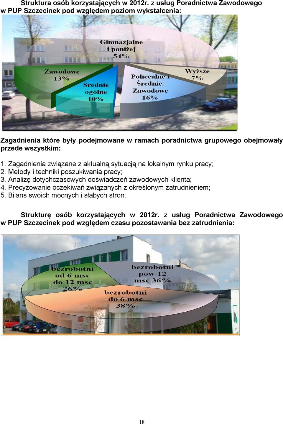 obejmowały przede wszystkim: 1. Zagadnienia związane z aktualną sytuacją na lokalnym rynku pracy; 2. Metody i techniki poszukiwania pracy; 3.