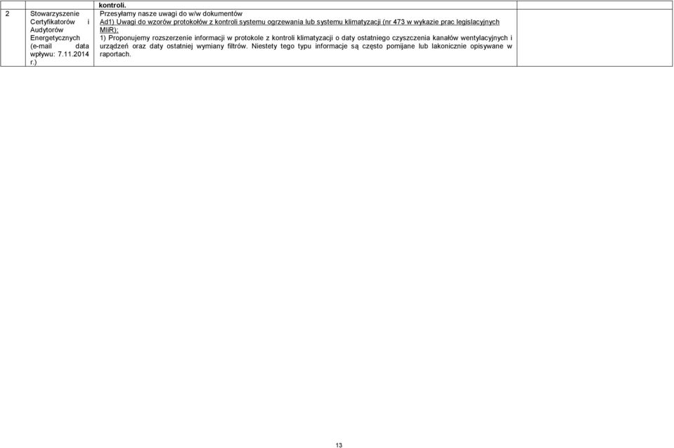 w wykazie prac legislacyjnych MIiR); 1) Proponujemy rozszerzenie informacji w protokole z kontroli klimatyzacji o daty ostatniego