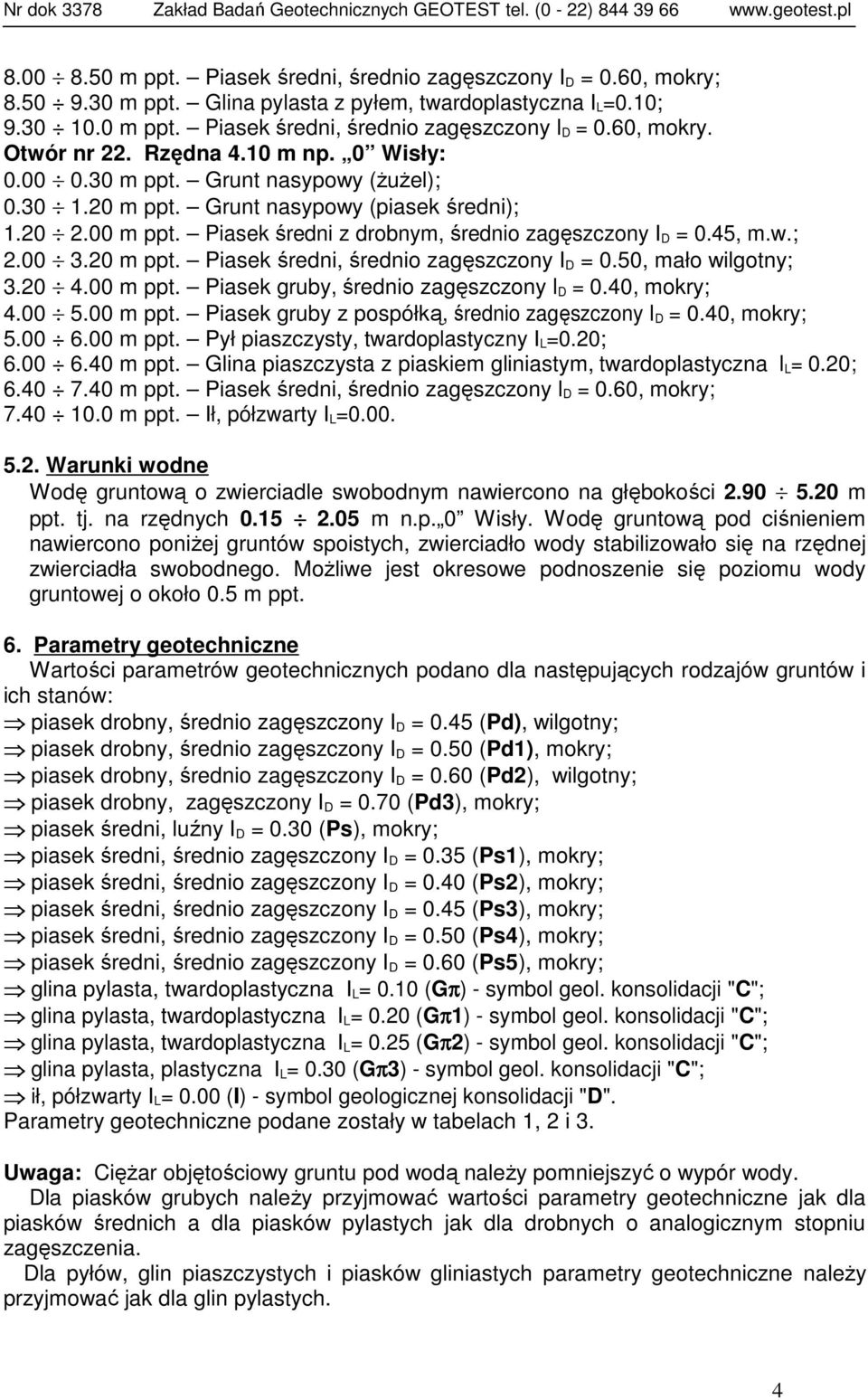 Grunt nasypowy (ŜuŜel); 0.30 1.20 m ppt. Grunt nasypowy (piasek średni); 1.20 2.00 m ppt. Piasek średni z drobnym, średnio zagęszczony I = 0.45, m.w.; 2.00 3.20 m ppt. Piasek średni, średnio zagęszczony I = 0.