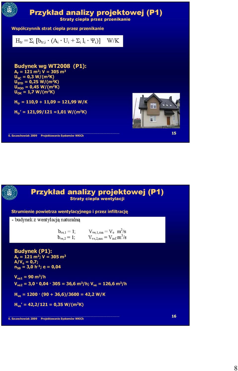 analizy projektowej (P1) Straty ciepła wentylacji Strumienie powietrza wentylacyjnego i przez infiltrację Budynek (P1): A f = 121 m 2 V = 305 m 3 A/V e = 0,7 n 50 =