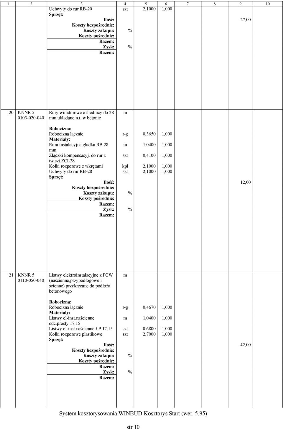.zcl28 Kołki rozporowe z wkrętai kpl 2,1000 1,000 Uchwyty do rur RB-28 2,1000 1,000 Ilość: 12,00 21 KNNR 5 0110-050-040 Listwy elektroinstalacyjne z PCW