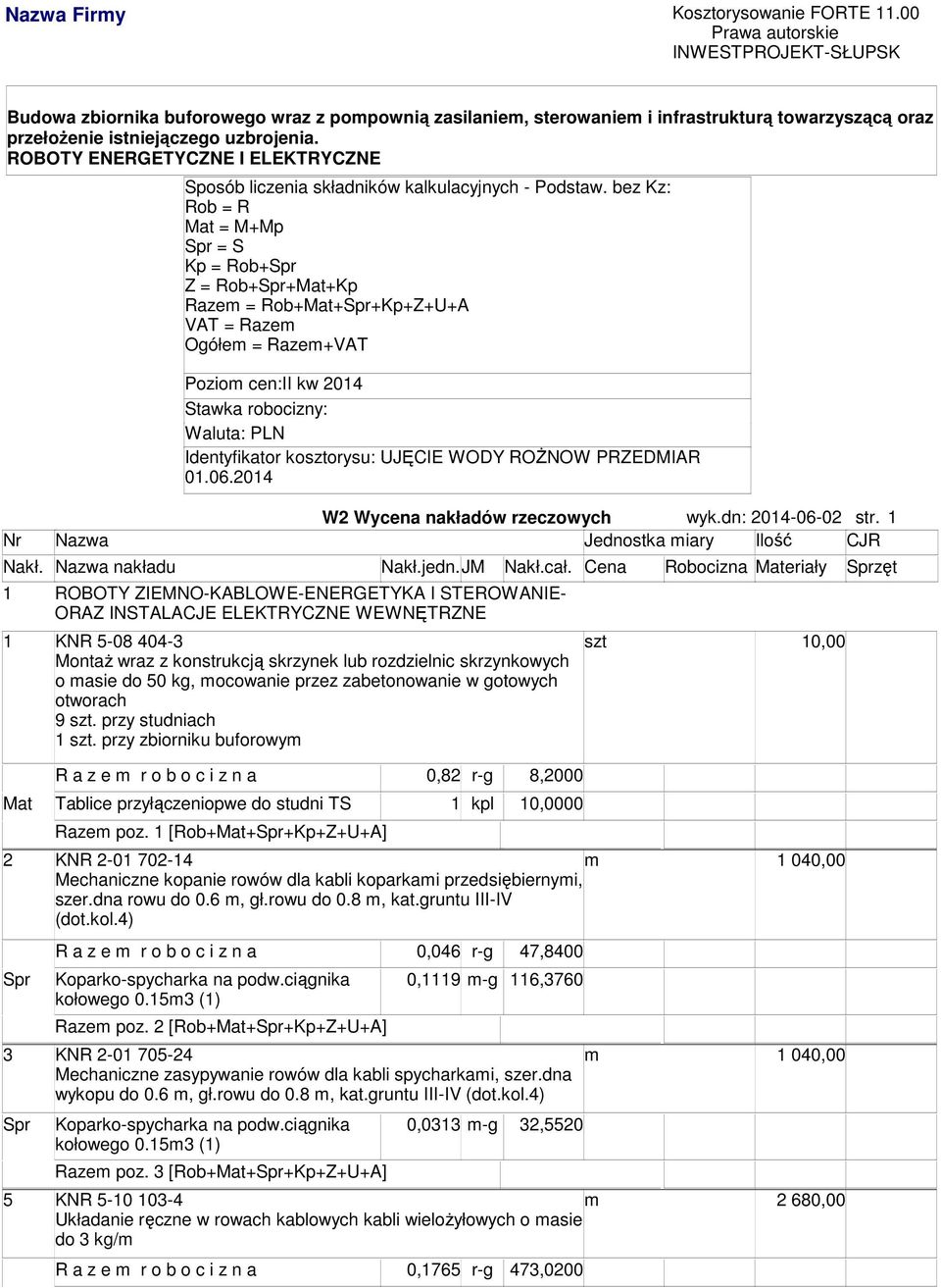 UJĘCIE WODY ROŻNOW PRZEDMIAR 01.06.2014 W2 Wycena nakładów rzeczowych wyk.dn: 2014-06-02 str.