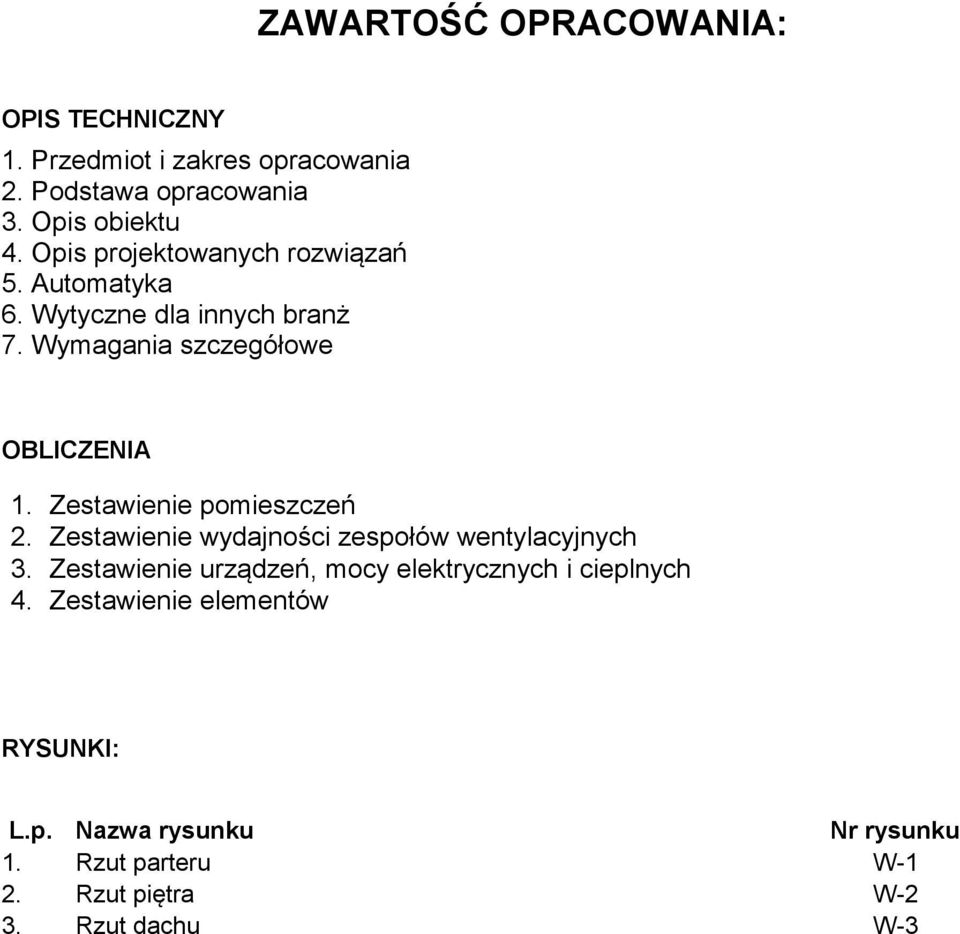 Zestawienie pomieszczeń 2. Zestawienie wydajności zespołów wentylacyjnych 3.