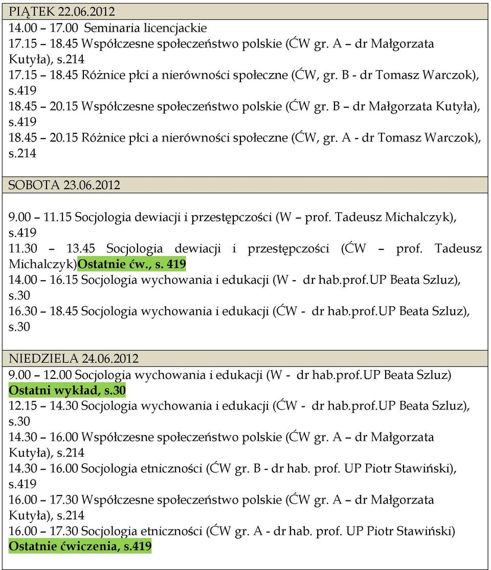 A - dr Tomasz Warczok), SOBOTA 23.06.2012 9.00 11.15 Socjologia dewiacji i przestępczości (W prof. Tadeusz Michalczyk), s.419 11.30 13.45 Socjologia dewiacji i przestępczości (ĆW prof.