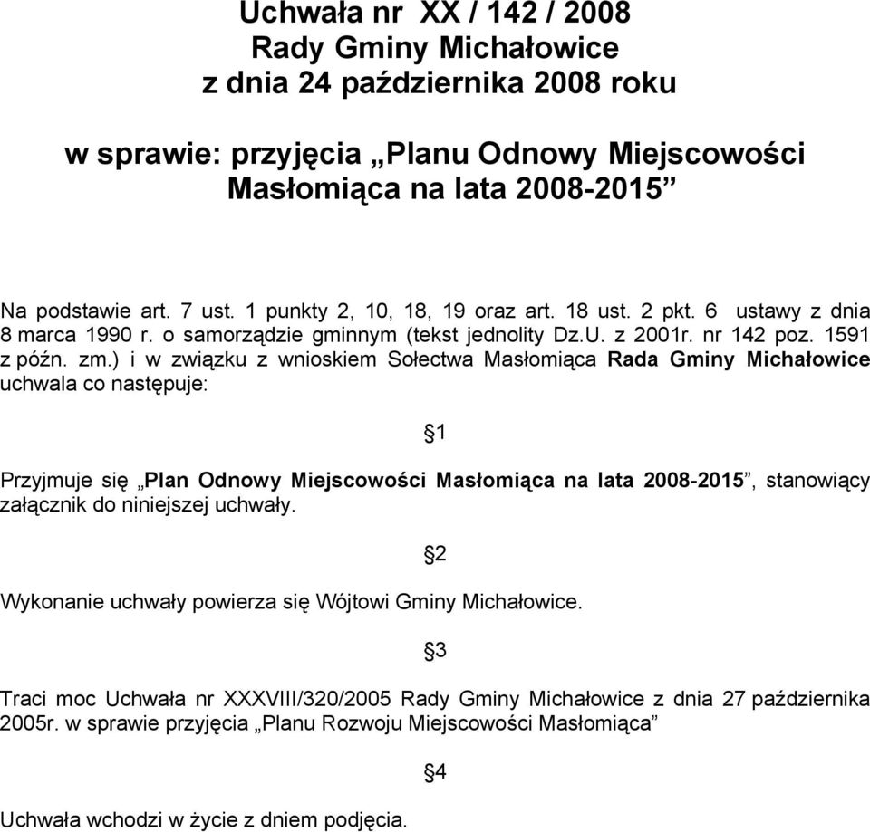) i w związku z wnioskiem Sołectwa Masłomiąca Rada Gminy Michałowice uchwala co następuje: 1 Przyjmuje się Plan Odnowy Miejscowości Masłomiąca na lata 2008-2015, stanowiący załącznik do niniejszej