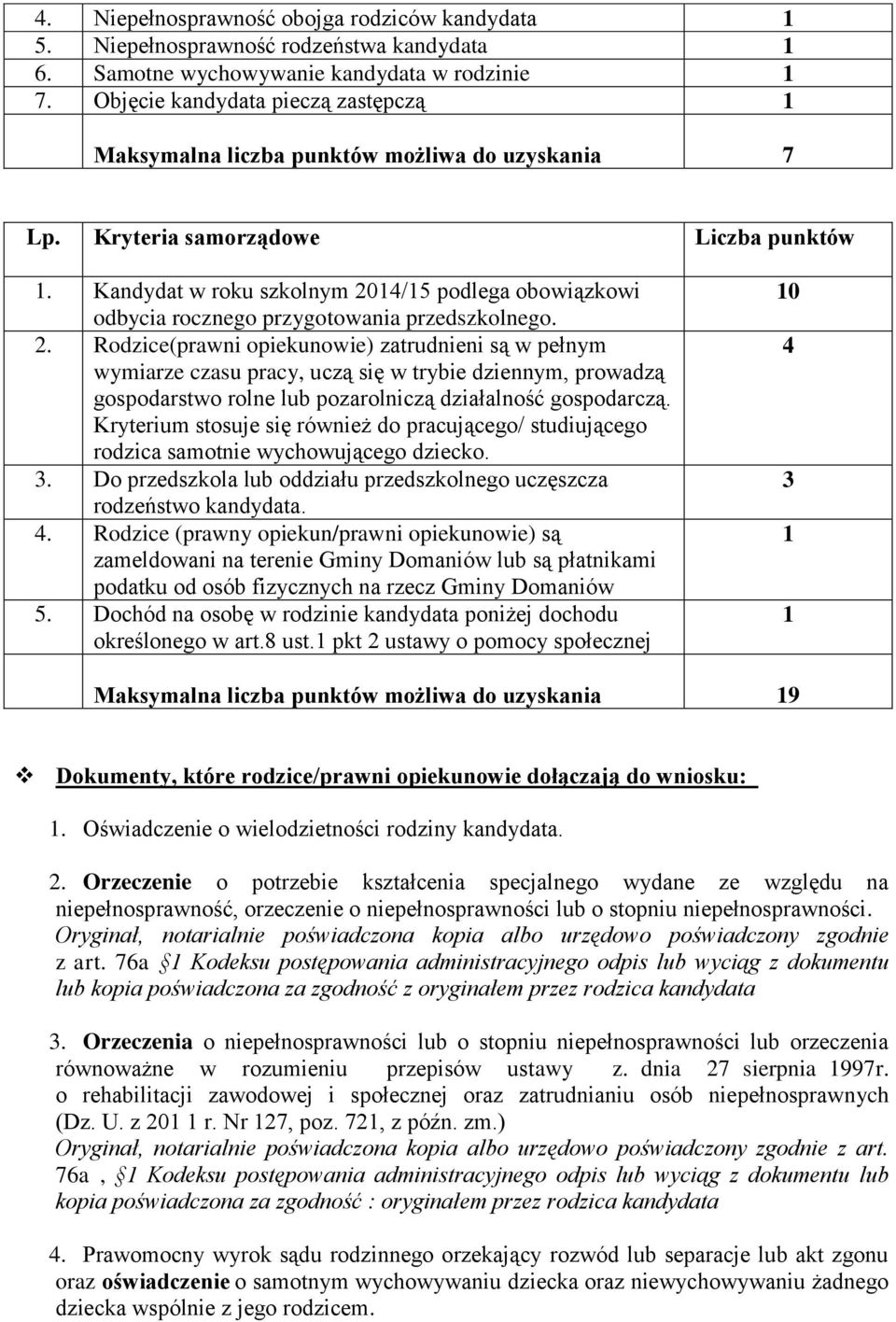 Kandydat w rku szklnym 2014/15 pdlega bwiązkwi dbycia rczneg przygtwania przedszklneg. 2. Rdzice(prawni piekunwie) zatrudnieni są w pełnym wymiarze czasu pracy, uczą się w trybie dziennym, prwadzą gspdarstw rlne lub pzarlniczą działalnść gspdarczą.