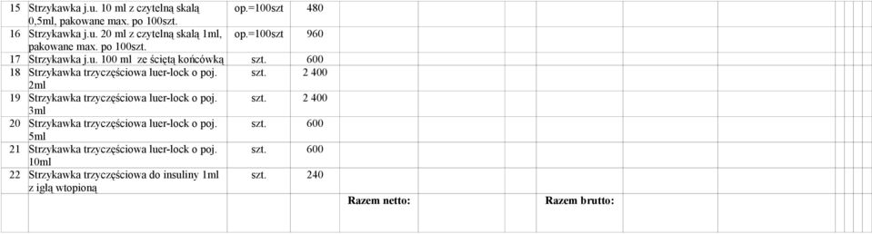 szt. 2 400 2ml 19 Strzykawka trzyczęściowa luer-lock o poj. szt. 2 400 3ml 20 Strzykawka trzyczęściowa luer-lock o poj. szt. 600 5ml 21 Strzykawka trzyczęściowa luer-lock o poj.
