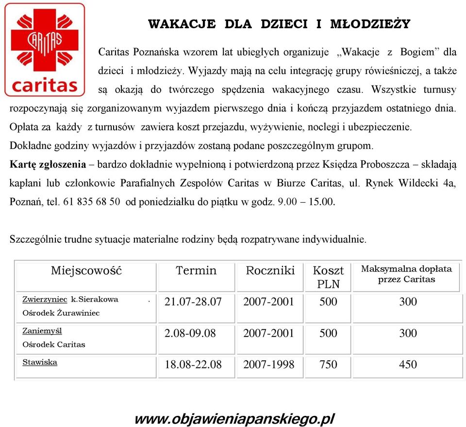 Wszystkie turnusy rozpoczynają się zorganizowanym wyjazdem pierwszego dnia i kończą przyjazdem ostatniego dnia. Opłata za każdy z turnusów zawiera koszt przejazdu, wyżywienie, noclegi i ubezpieczenie.