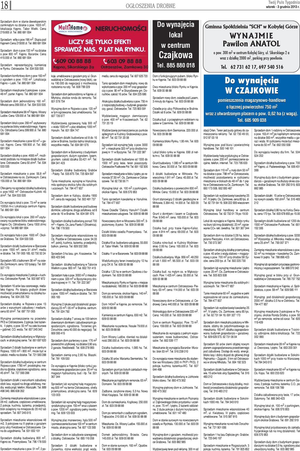 Ostrzeszów. Tel. 534 533 535 Do wynajêcia lokal w centrum Czajkowa Tel. 885 880 018 Gminna Spó³dzielnia ''SCH'' w Kobylej Górze WYNAJMIE Pawilon ANATOL o pow. 300 m 2 w centrum Kobylej Góry, ul.