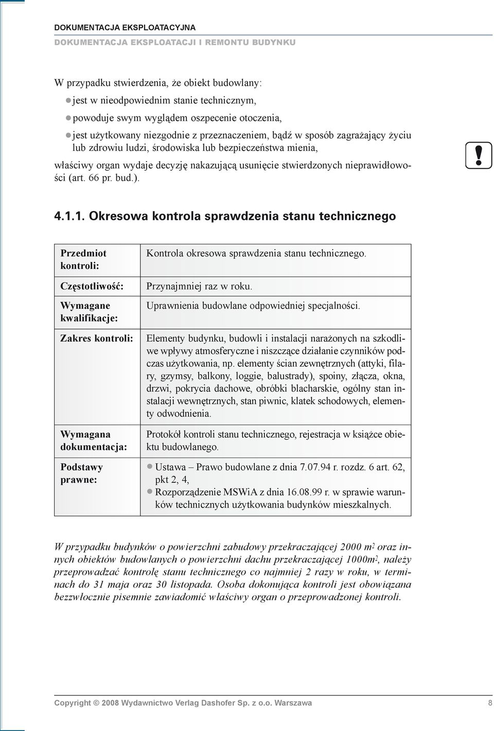 bud.). 4.1.1. Okresowa kontrola sprawdzenia stanu technicznego Przedmiot kontroli: Kontrola okresowa sprawdzenia stanu technicznego.