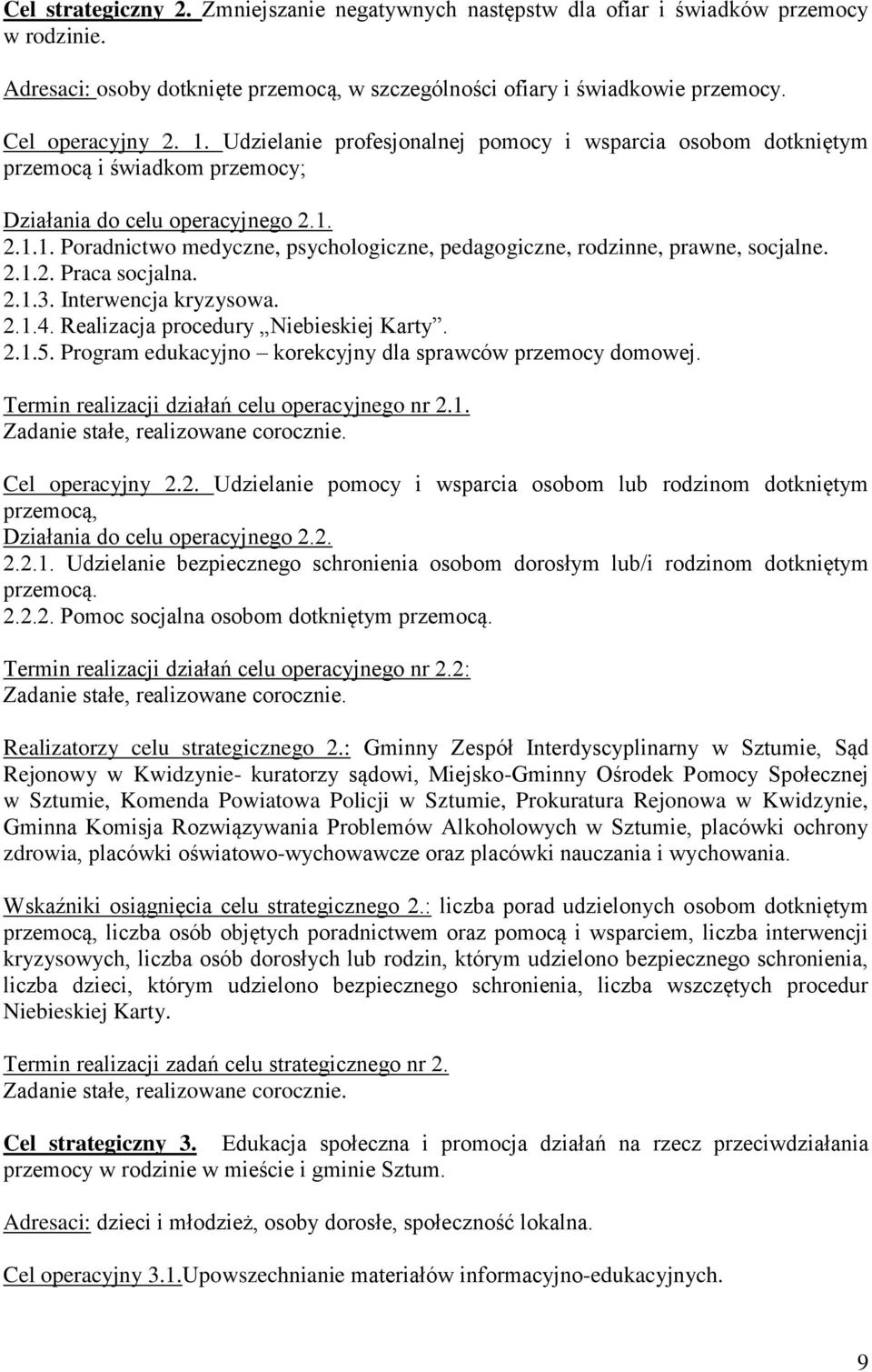 2.1.1. Poradnictwo medyczne, psychologiczne, pedagogiczne, rodzinne, prawne, socjalne. 2.1.2. Praca socjalna. 2.1.3. Interwencja kryzysowa. 2.1.4. Realizacja procedury Niebieskiej Karty. 2.1.5.