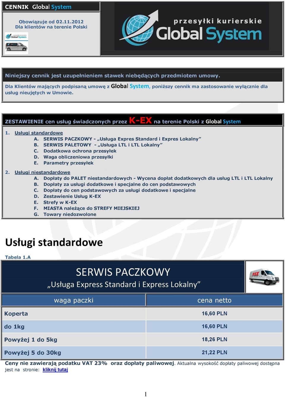 ZESTAWIENIE cen usług świadczonych przez K-EX na terenie Polski z Global System 1. Usługi standardowe A. SERWIS PACZKOWY - Usługa Expres Standard i Expres Lokalny B.