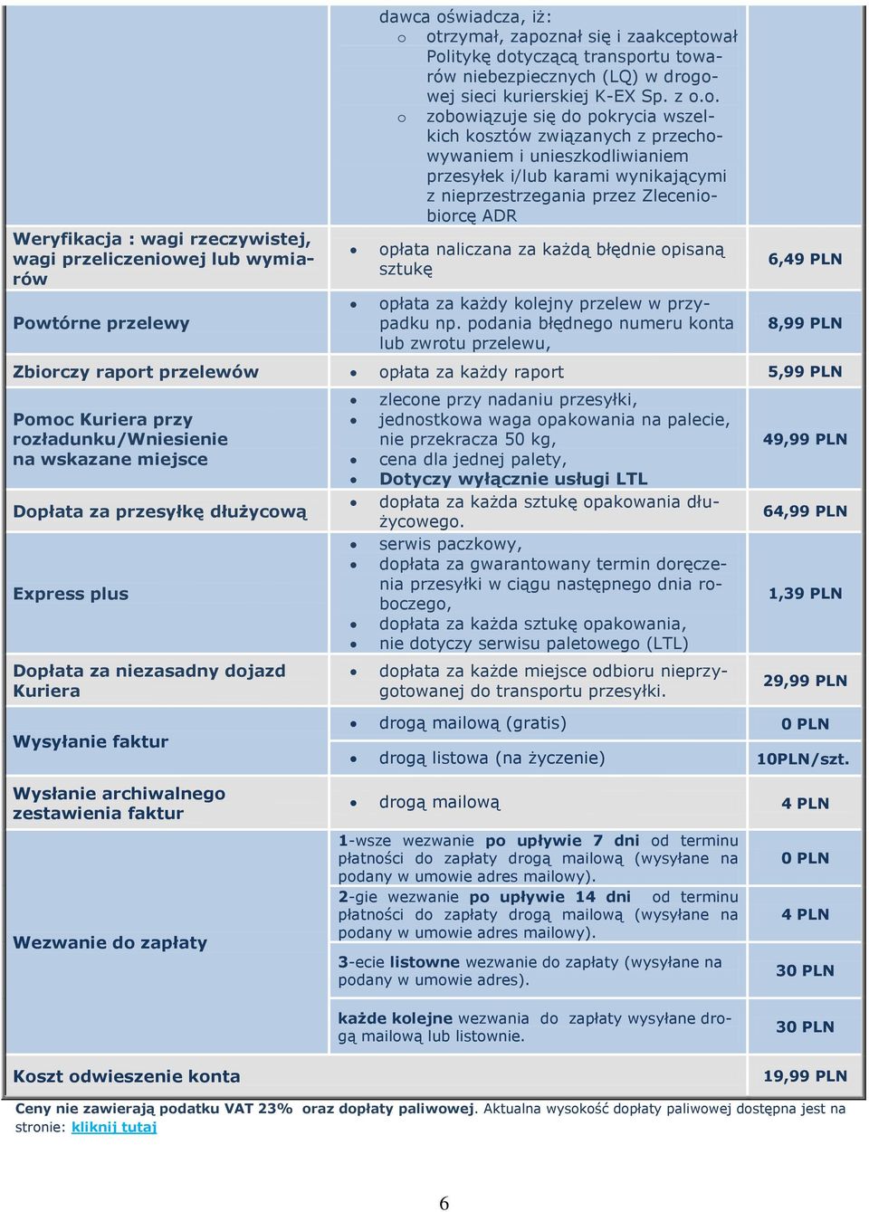 owej sieci kurierskiej K-EX Sp. z o.o. o zobowiązuje się do pokrycia wszelkich kosztów związanych z przechowywaniem i unieszkodliwianiem przesyłek i/lub karami wynikającymi z nieprzestrzegania przez