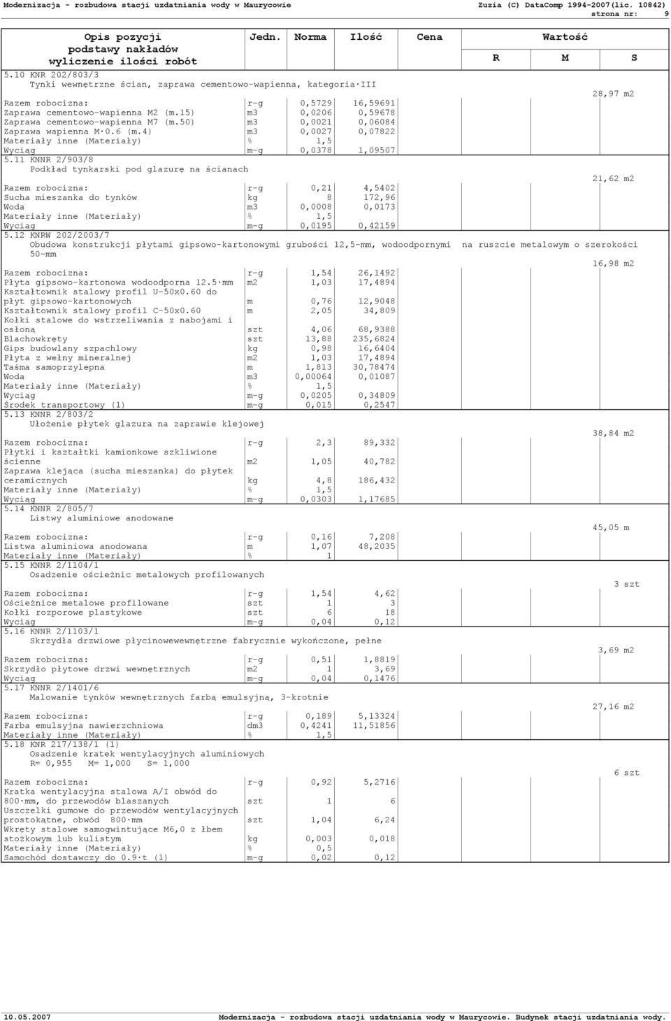 11 KNNR 2/903/8 Podkład tynkarski pod glazurę na ścianach 21,62 m2 Razem robocizna: r-g 0,21 4,5402 Sucha mieszanka do tynków kg 8 172,96 Woda m3 0,0008 0,0173 Wyciąg m-g 0,0195 0,42159 5.
