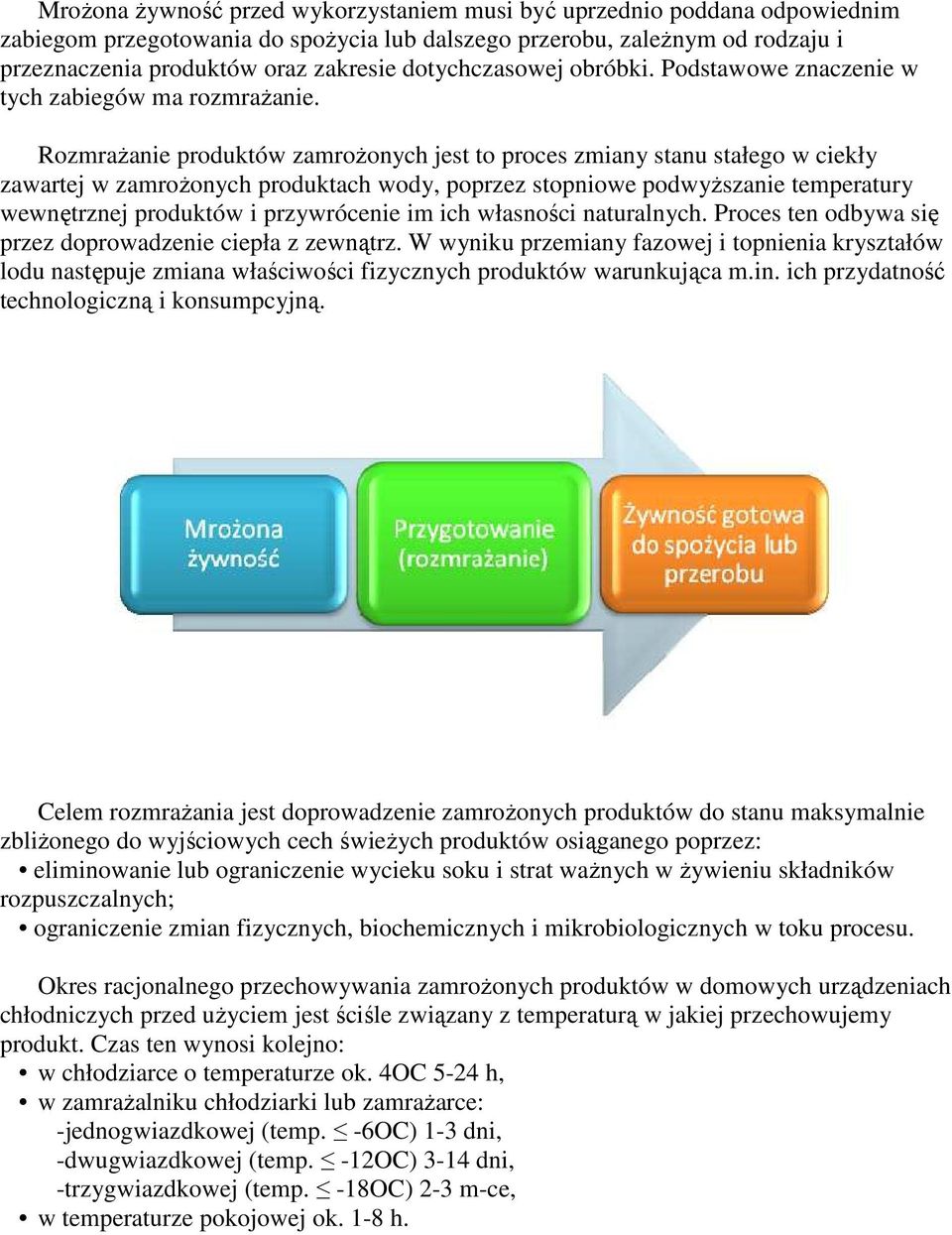 RozmraŜanie produktów zamroŝonych jest to proces zmiany stanu stałego w ciekły zawartej w zamroŝonych produktach wody, poprzez stopniowe podwyŝszanie temperatury wewnętrznej produktów i przywrócenie