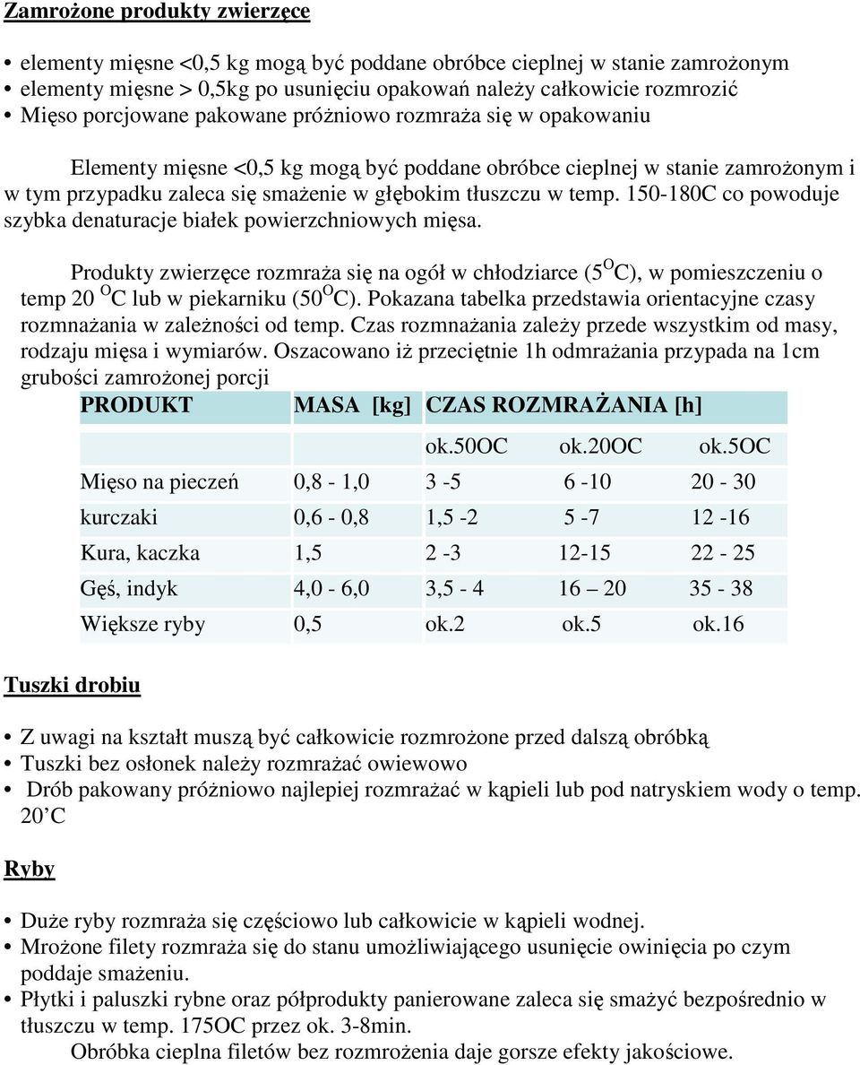 150-180C co powoduje szybka denaturacje białek powierzchniowych mięsa. Produkty zwierzęce rozmraŝa się na ogół w chłodziarce (5 O C), w pomieszczeniu o temp 20 O C lub w piekarniku (50 O C).