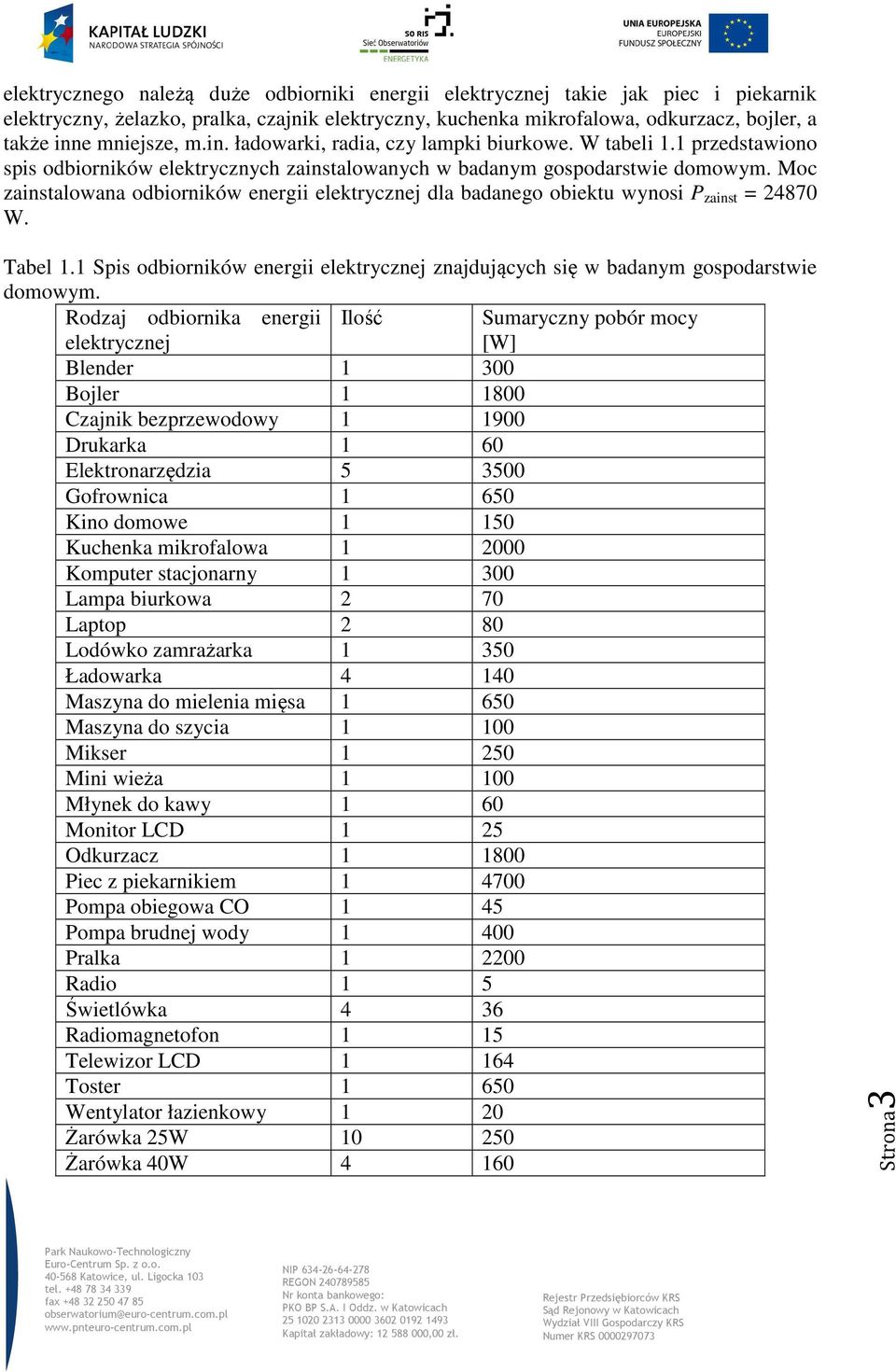 Moc zainstalowana odbiorników energii elektrycznej dla badanego obiektu wynosi P zainst = 2487 W. Tabel 1.1 Spis odbiorników energii elektrycznej znajdujących się w badanym gospodarstwie domowym.