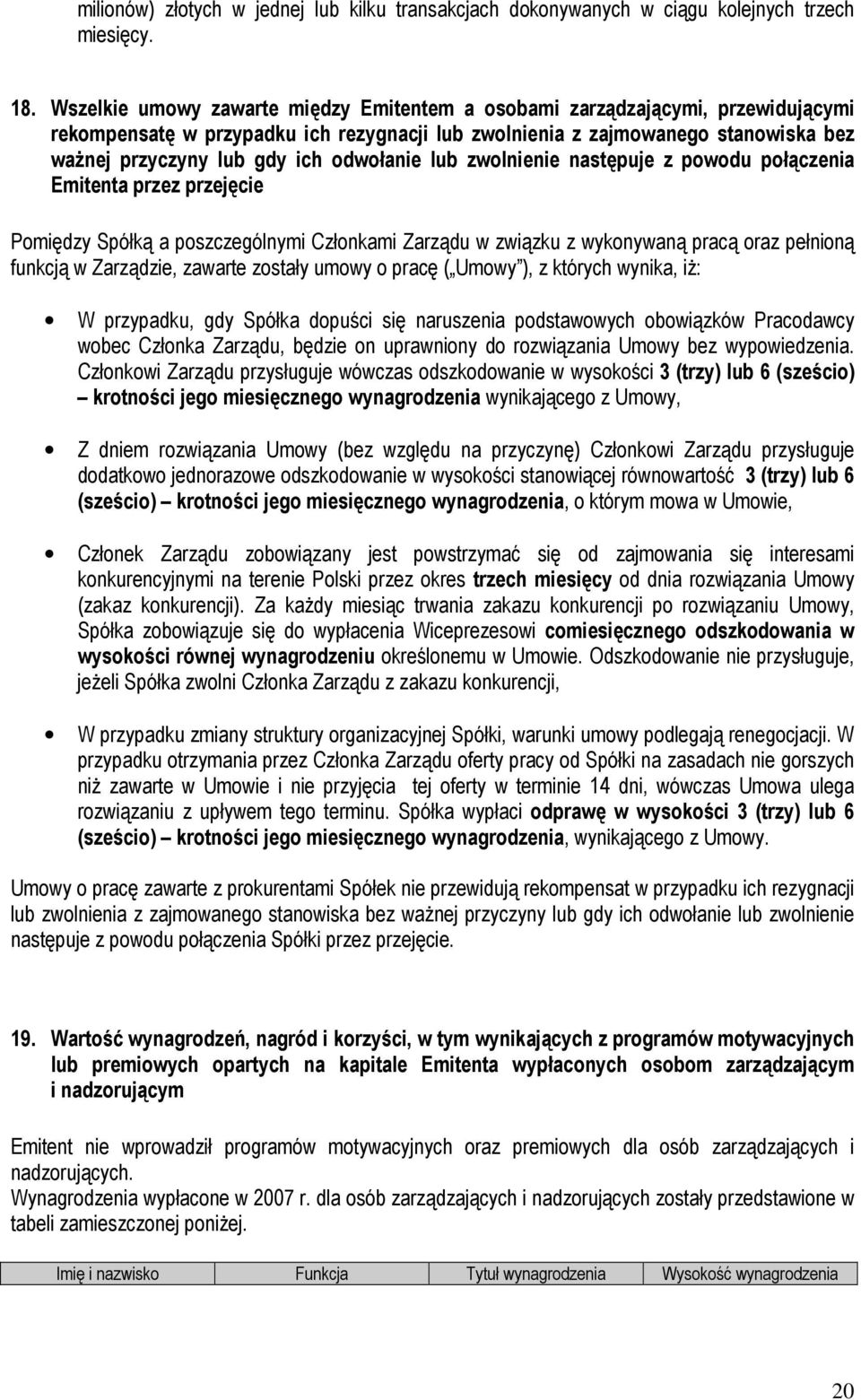 odwołanie lub zwolnienie następuje z powodu połączenia Emitenta przez przejęcie Pomiędzy Spółką a poszczególnymi Członkami Zarządu w związku z wykonywaną pracą oraz pełnioną funkcją w Zarządzie,